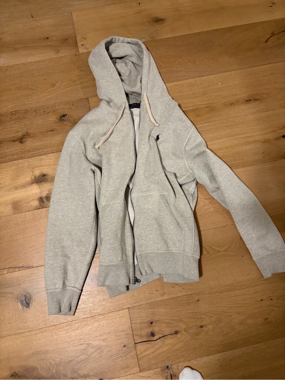 Ralph Lauren Light Gray Zip Hoodie with Navy Logo Tag